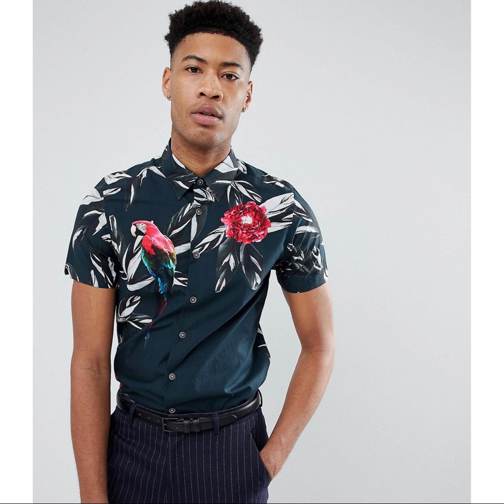 Ted Baker Men’s T For Tall Slim Short Sleeved Dress Shirt Tropical Floral Print